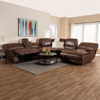 Baxton Studio R7245A-Brown-SF Salomo Modern and Contemporary Brown Faux Leather Upholstered 6-Piece Sectional Recliner Sofa with 3 Reclining Seats